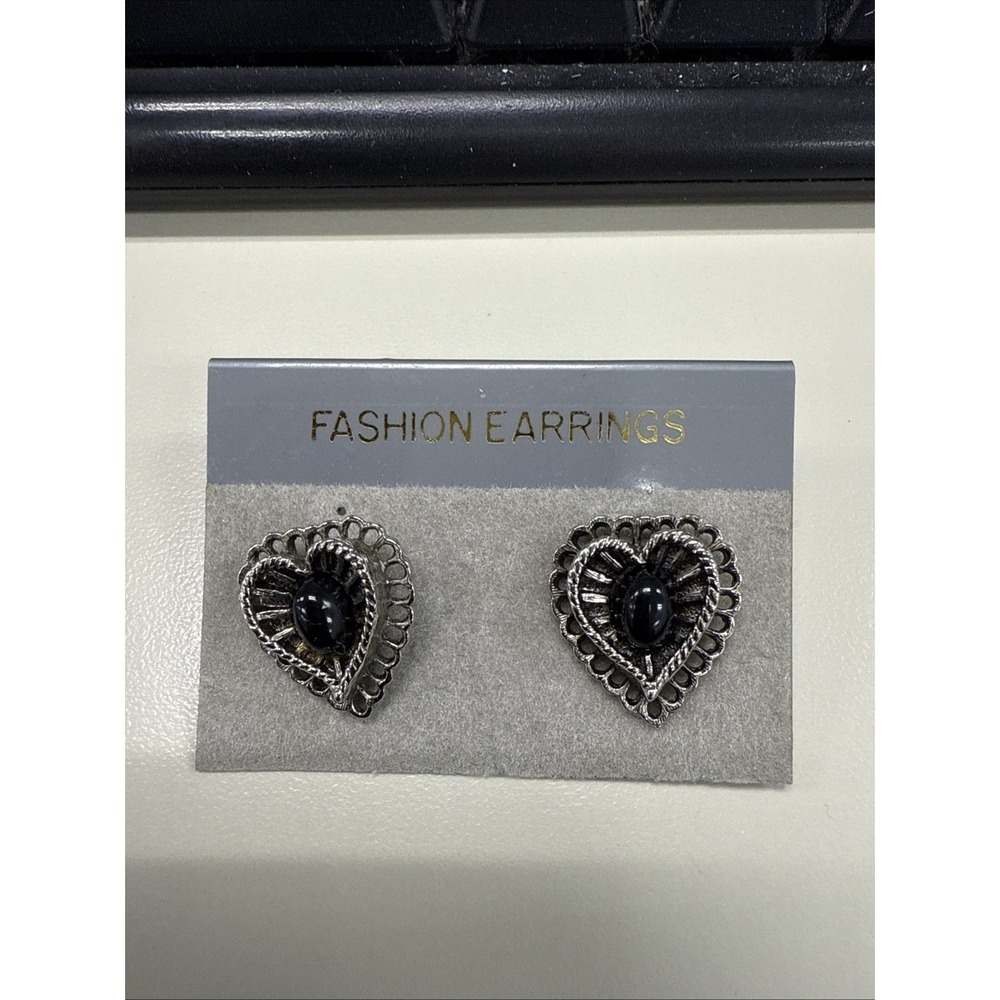 Simulated Black Onyx Like‎ Silver Tone Heart Shaped Stud Earrings